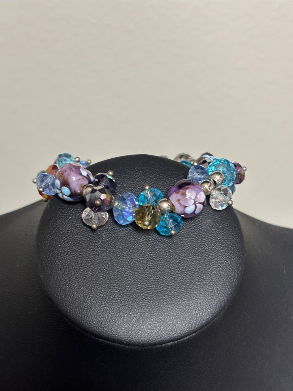 Vintage Multicolor Glass Bead Cluster Bracelet - Blue & Purple
